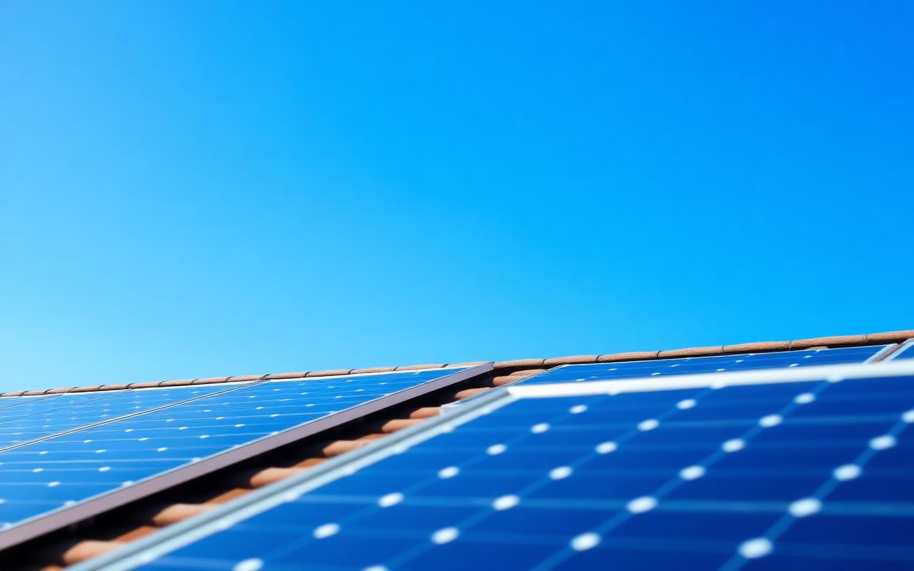 Rooftop solar panels under blue sky